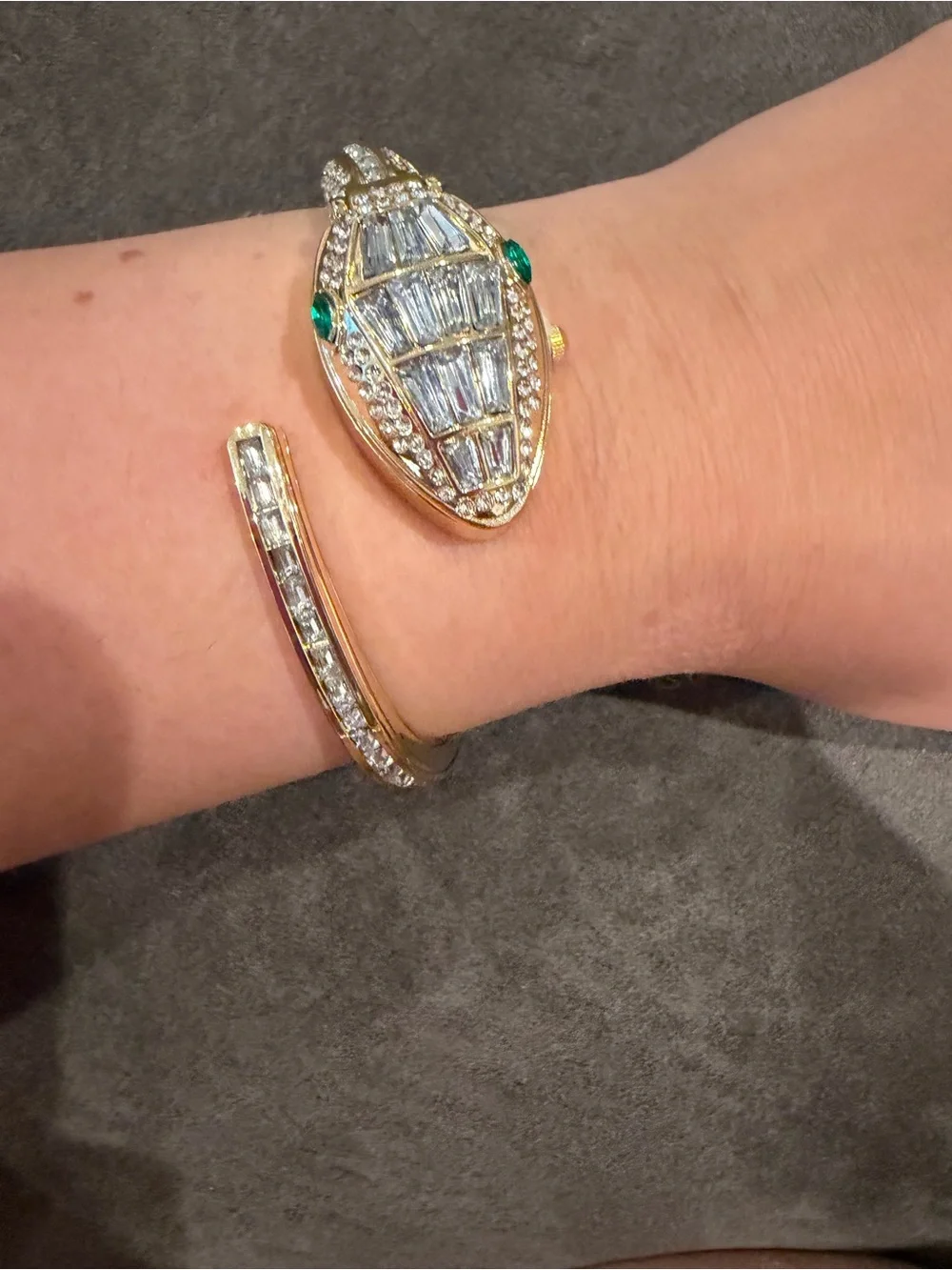 Gold Crystal Snake Cuff Bracelet with Green Accents